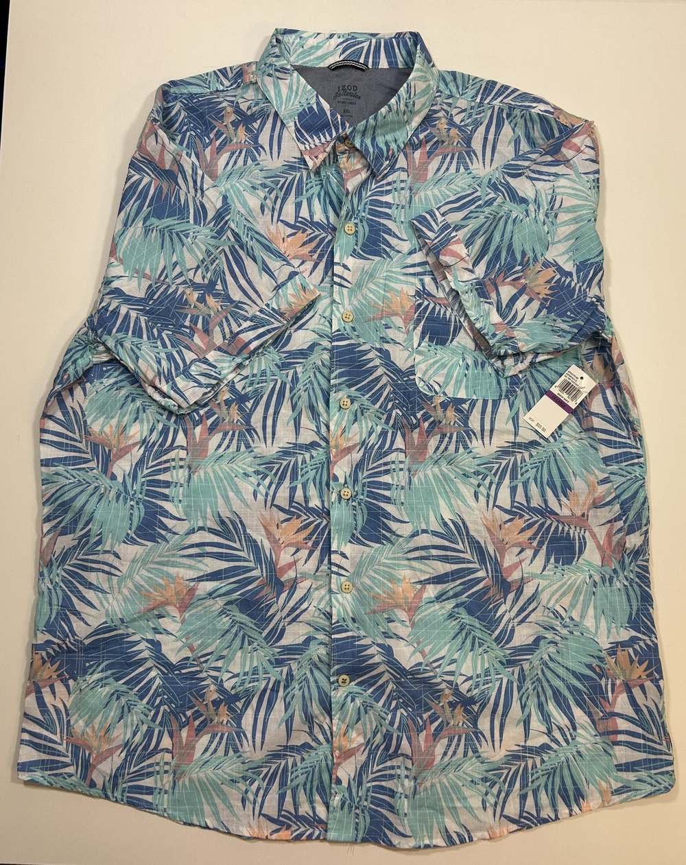 IZOD Saltwater Dockside XXL Short Sleeve Button-Up Shirt, Tropical Print